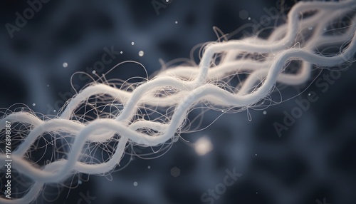 Abstract macro view of collagen fibers, the main structural protein in connective tissue, highlighting its intricate helical structure and fibrous nature
