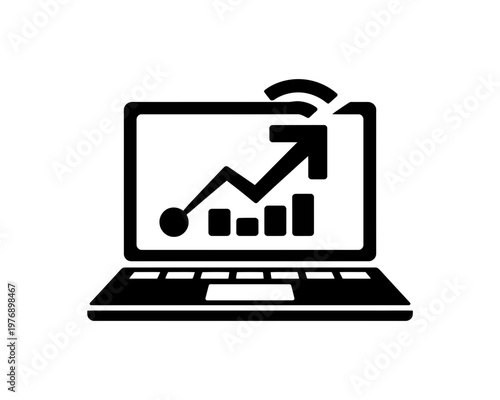 black vector laptop with graph on screen and wifi symbol