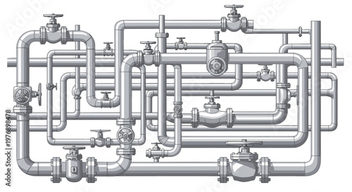A complex, dense network of interconnected grey industrial pipes and valves creates an intricate maze-like structure on a clean white background for design.