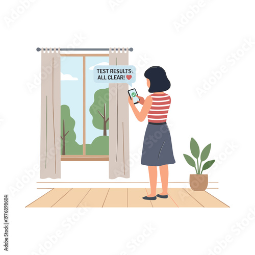 Woman checks phone near window with clear test results on a sunny day