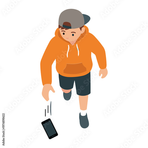 Man drops smartphone while walking in casual outfit
