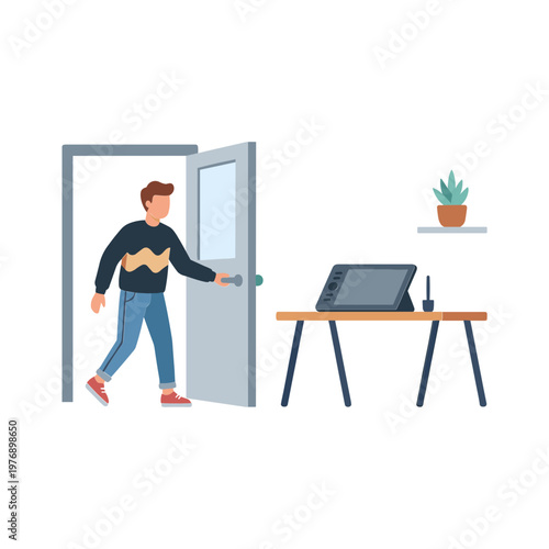Man entering office with laptop on desk and plant nearby indoors