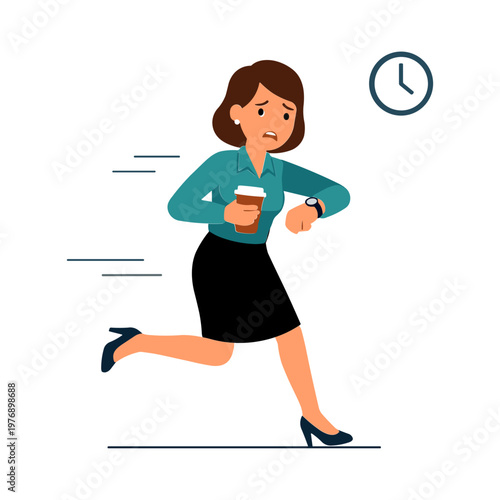 A stressed businesswoman is rushing to work while holding a coffee cup.