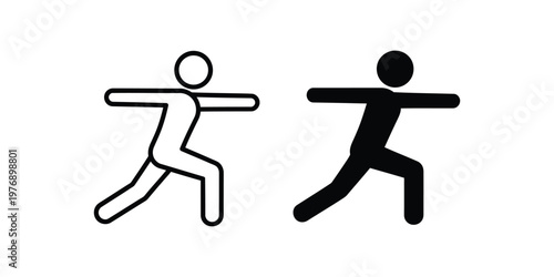 Outline and solid black stick figure in warrior yoga pose set