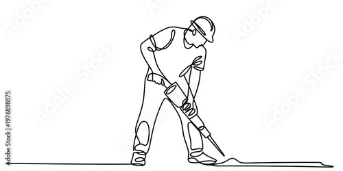 Continuous single line drawing of a construction worker using a jackhammer on a concrete floor