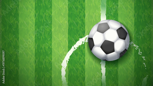 Top view of a soccer ball on a green grass football field with white markings. Minimalist and clean design suitable for sports news, match schedules, and football apps.