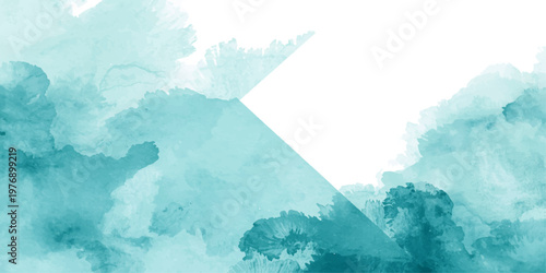 Blue sky and white clouds drift over a vintage watercolor mountain landscape where summer light reflects off the sea and earth in a serene nature cloudscape