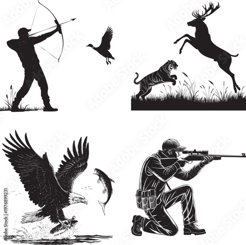 Set of hunting and wildlife with archers, hunters, and animals msea set