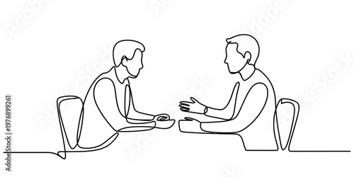 Continuous line drawing of two men sitting at a table having a serious business conversation.