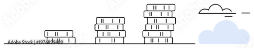 Financial growth, cloud computing, savings, investment, economic progress, data security. Stacked coins increasing in size near a cloud. Financial growth and cloud computing concept