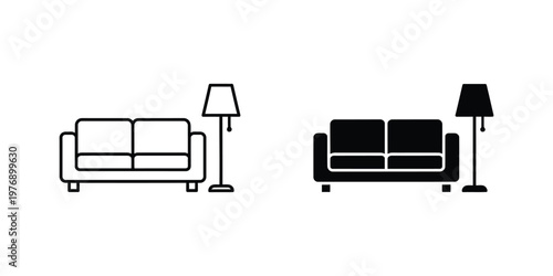 Sofa and floor lamp in outline and solid black styles set