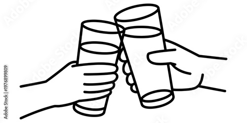 A simple black and white line art illustration showing two hands clinking glasses in a toast.