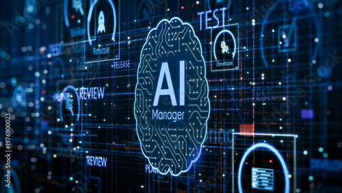 AI assistant for Agile project management, AI automation workflow, project life cycle, conceptual illustration (3d render)
