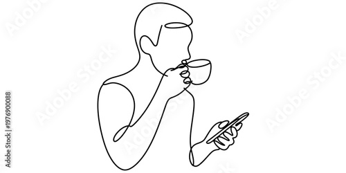 A continuous line drawing of a person drinking a hot beverage while checking their mobile phone