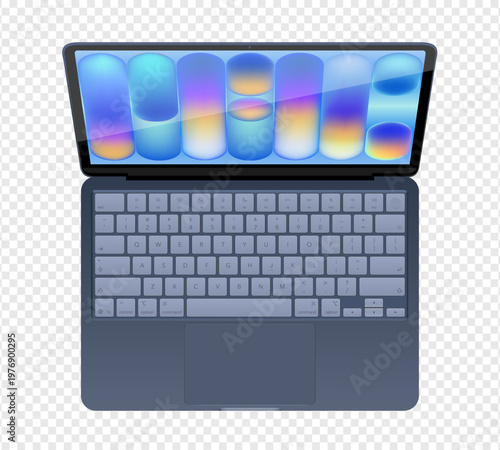 Photorealistic detailed blue notebook mockup. Front view of opened notebook with keyboard isolated on transparent background. Vector illustration