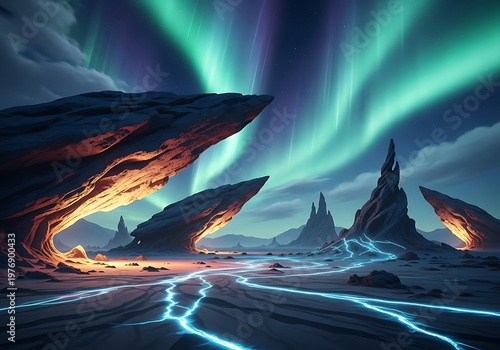 Stunning aurora borealis lights over dramatic rock formations and landscape