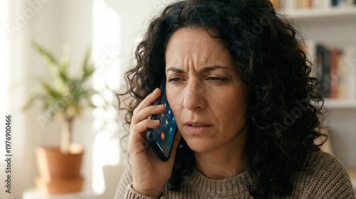 Southern European young woman reacting to suspicious vishing call