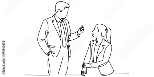 Continuous line drawing of a professional business man and woman having a work conversation