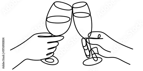 A continuous line drawing of two people holding wine glasses clinking together in celebration