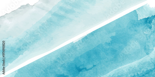 Abstract blue watercolor background featuring a soft sky texture with white winter frost and cold ice patterns on a light water surface under a summer cloudscape