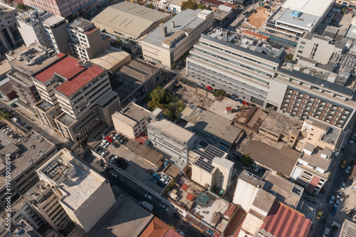 Top-down view of Athens urban buildings and streets in city center, Greece