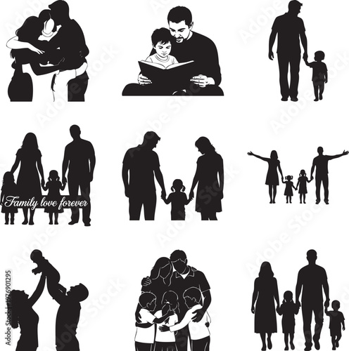 Black silhouette collection of families and parents with children activities msea set