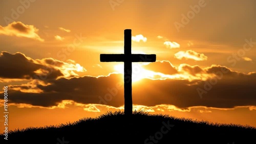 Silhouette of a Christian Cross on a Grassy Hill at Golden Sunset with Moving Clouds