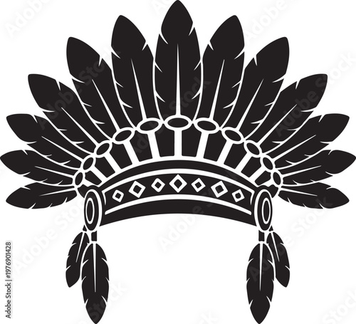 Native American Indian feathered headdress with feathers and beads on transparent background