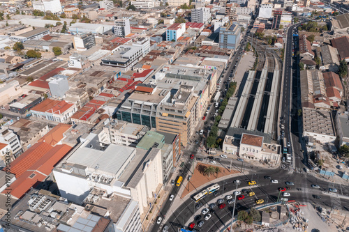 Top-down view of Athens central train station with tracks and surrounding buildings, Greece