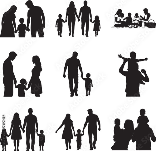 Black silhouette collection of families with children in various activities msea set
