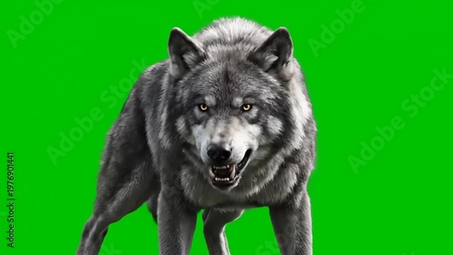 Fierce wolf captured on green screen, ideal for VFX and wildlife documentaries