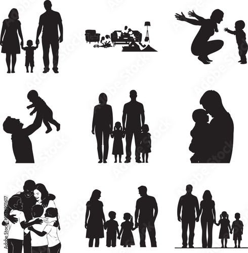 Black silhouette collection of families with parents and children in msea set