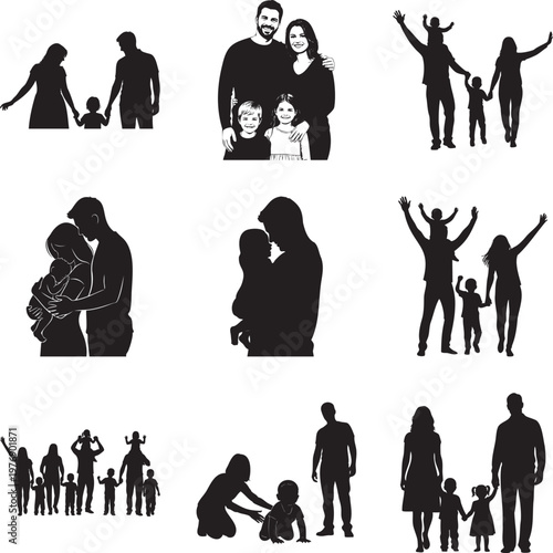 Black silhouette collection of families with parents and children in poses msea set