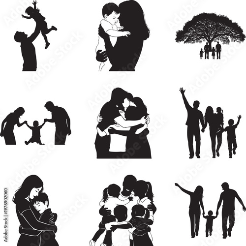 Black silhouette collection of families, parents and children in various msea set