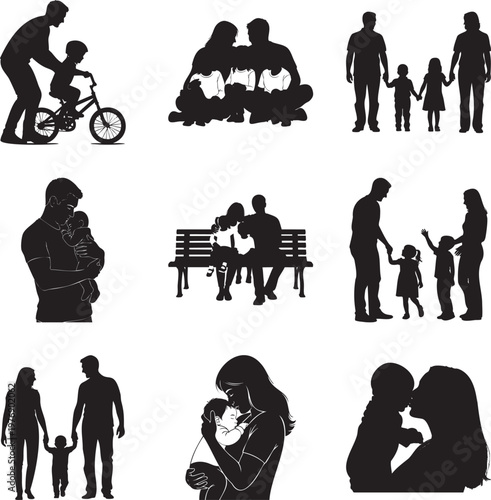 Black silhouette collection of families, parents, and children in daily life msea set