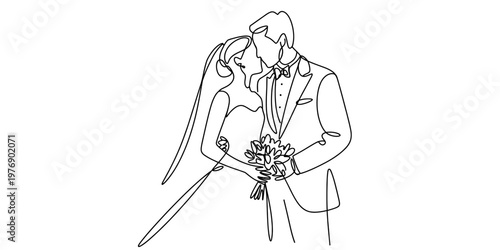 A minimalist single line drawing illustration of a beautiful bride and groom on their wedding day