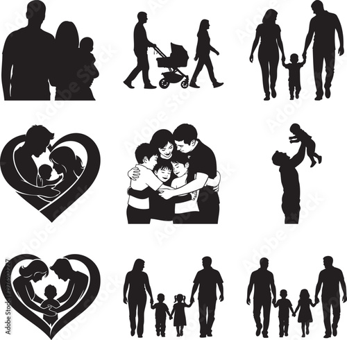 Black silhouette collection of families, parents, and children in various msea set