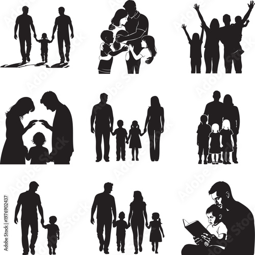 Black silhouette set of families, parents and children in various poses msea set