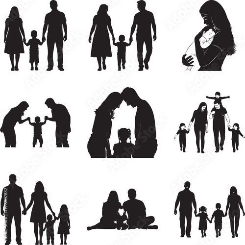 Collection of black silhouettes depicting happy families and parenting msea set