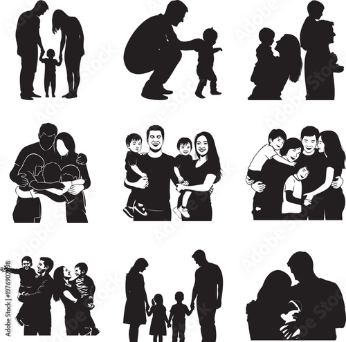Collection of black silhouettes featuring families with children and parents msea set
