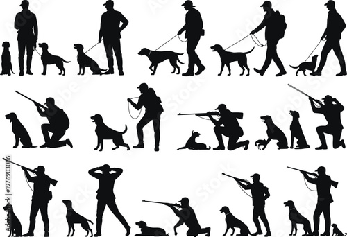 Hunter, silhouette, set, dog, hunting, man, rifle, collection, outdoor, hunter, with, dog, vector, illustration, isolated, sportsman, shooting, bundle