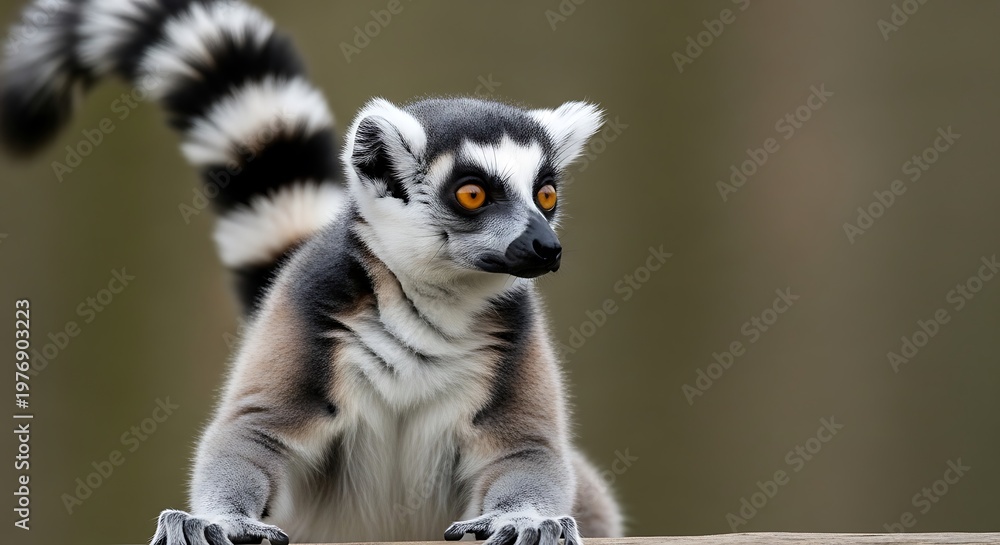 Obraz premium Ring tailed lemur portrait with striking black and white striped tail detail