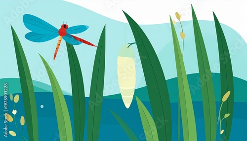 vibrant dragonfly emerging from nymph skin in serene waterside reeds
