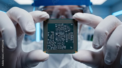 Professional Scientist in Cleanroom Suit Holding and Inspecting High Tech Computer Microchip Close Up