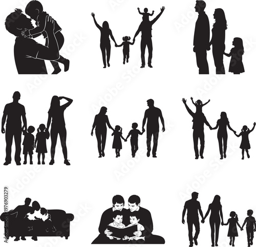 Set of black silhouettes featuring families in various daily life activities msea set