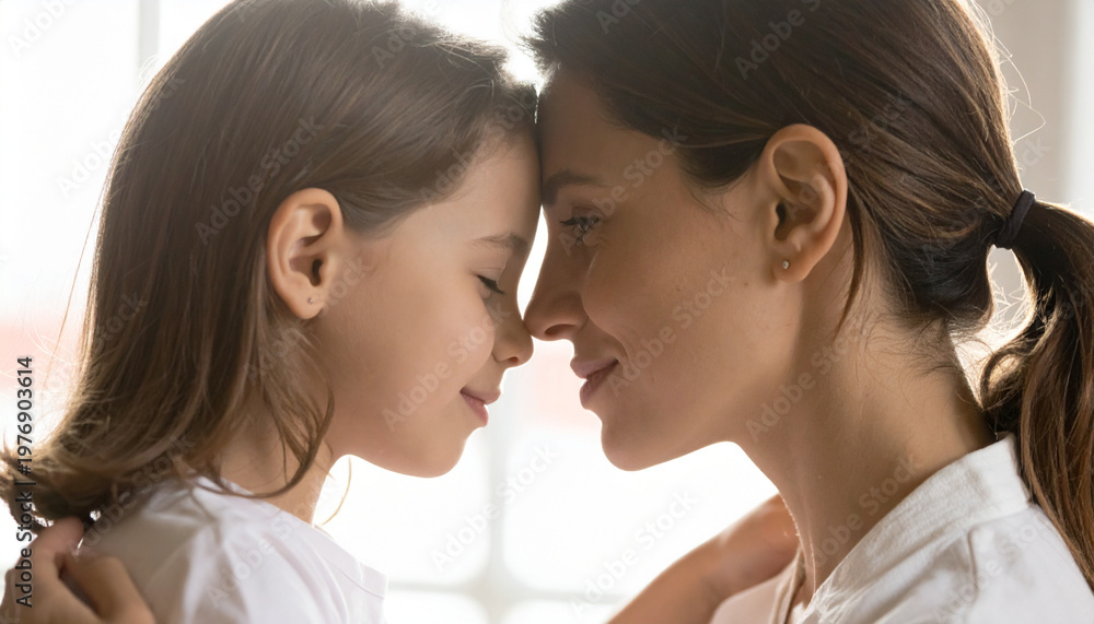 Naklejka premium Intimate and emotional moment of a mother expressing love through a gentle kiss, symbolizing care and affection.