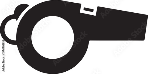 Simple black and white illustration of a referee whistle with ring  sport equipment isolated on white background