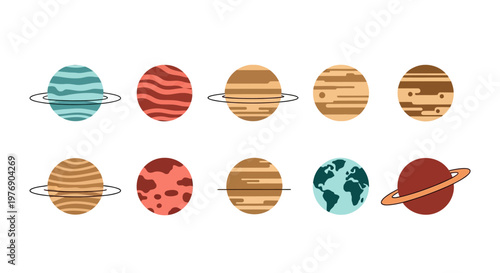 Illustration of planets and Earth in our solar system depicted in various colors and patterns