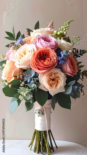 A vertical shot of a wedding bouquet. Lush and colorful flowers, ribbon-wrapped stems, and greenery are artfully arranged