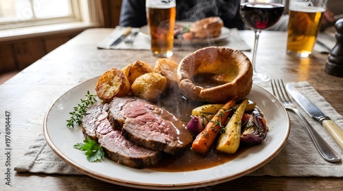 Traditional British Sunday Roast Beef with Yorkshire Pudding